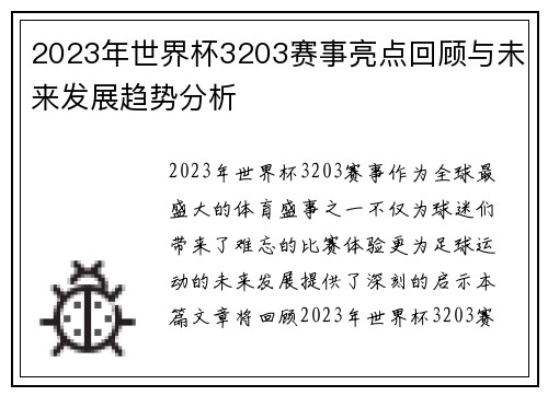 2023年世界杯3203赛事亮点回顾与未来发展趋势分析
